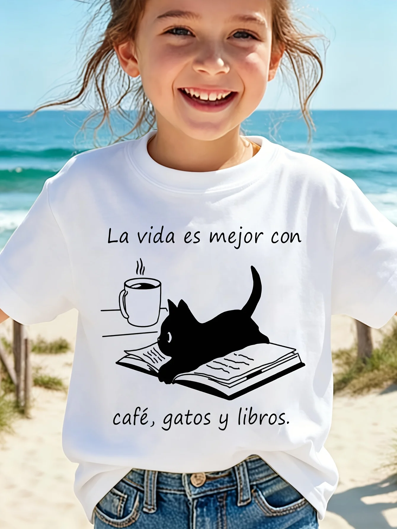 Spanish Quote Cat Coffee Book Kids Tee Black Cat Reading Graphic Boys Girls Short Sleeve Family Matching Soft Cotton Summer Tops