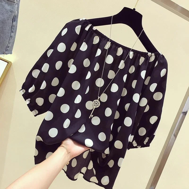 Women Spring Summer Style Loose Blouses Shirts Lady Casual Slash Neck Polka Dot Printed Blusas Tops