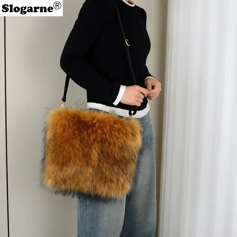 

Luxury Design Women Faux Raccoon Fur Handbag Ladies Winter Soft Fluffy Large Capacity Tote Bag High Quality Fur Crossbody Bags
