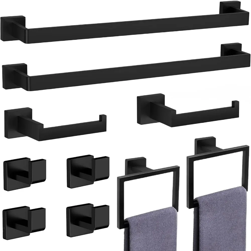 

10-Piece Matte Black Bathroom Accessories Set, Stainless Steel Towel Racks Wall Mounted 24 Inch Bar