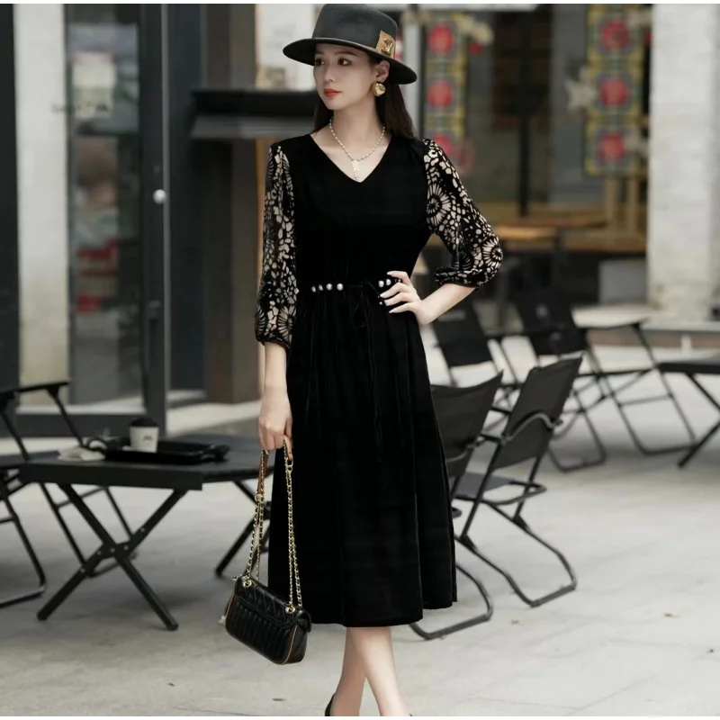 Autumn Vintage Luxury Silk Dress Women\'s Autumn Versatile Lace Velvet Dress French Loose Fit Party Travel Dress Vestidos