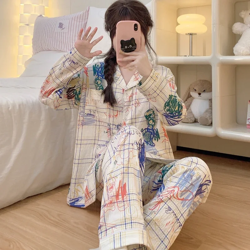

Модные винтажные женские пижамы с забавным принтом граффити Harajuku Y2k, модная хлопковая ночная рубашка с облаками, новинка 2024, осень-зима, домашняя одежда
