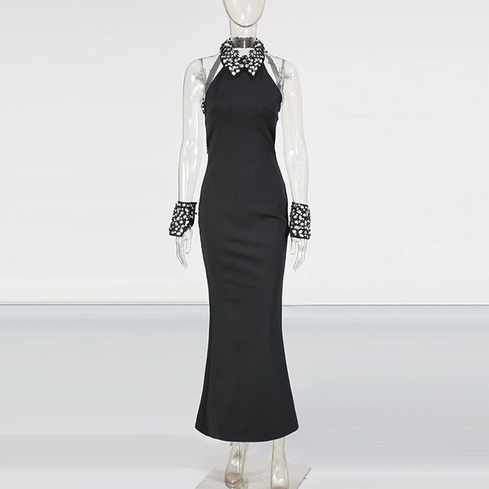 Luxe diamanten hals sierlijke vrouw feestjurk sexy halter mouwloze steath enkellange bandage jurk verjaardagsfeestje vestido