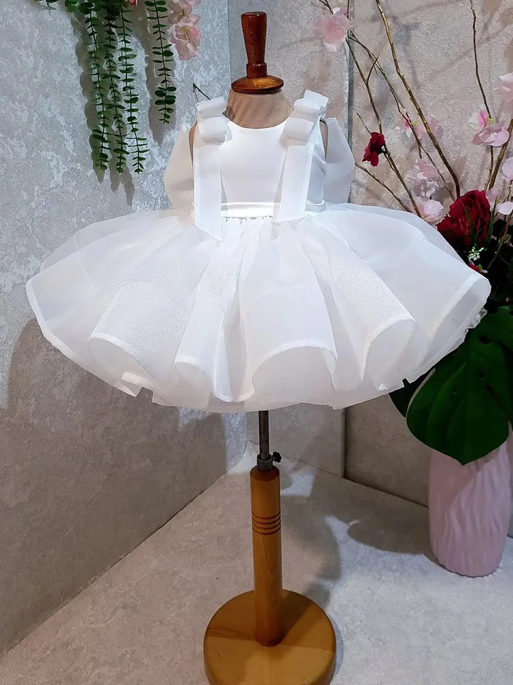 Puffy White Flower Girl Dresses Knee Length Wedding Party Dress Big bow Toddler Baby Birthday Pageant Ballet Tutu Dress