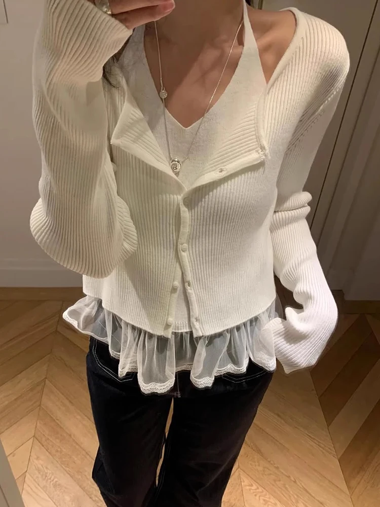 Colete de Tricô com Renda Sweet Spring, Conjunto F de Duas Peças io e Confortável com Gola ter, Estilo Primavera...