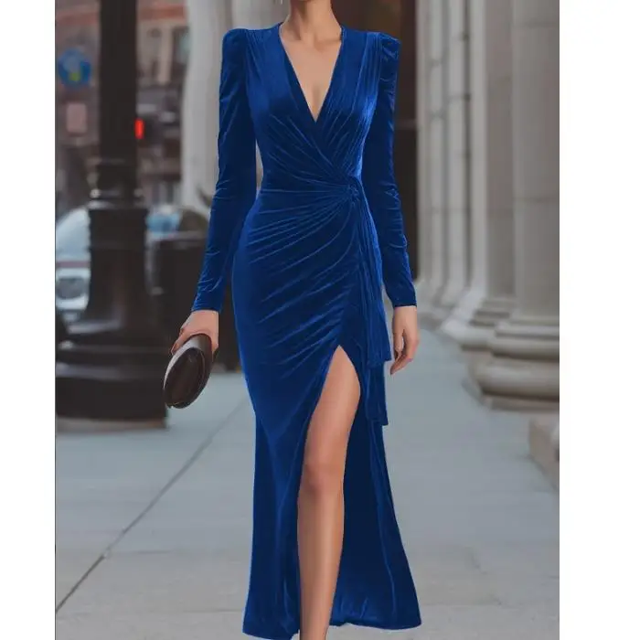 

Элегантное сексуальное женское платье с глубоким V-образным вырезом, облегающее, длинное, из бархата, с высоким разрезом, для весны, осени и зимы