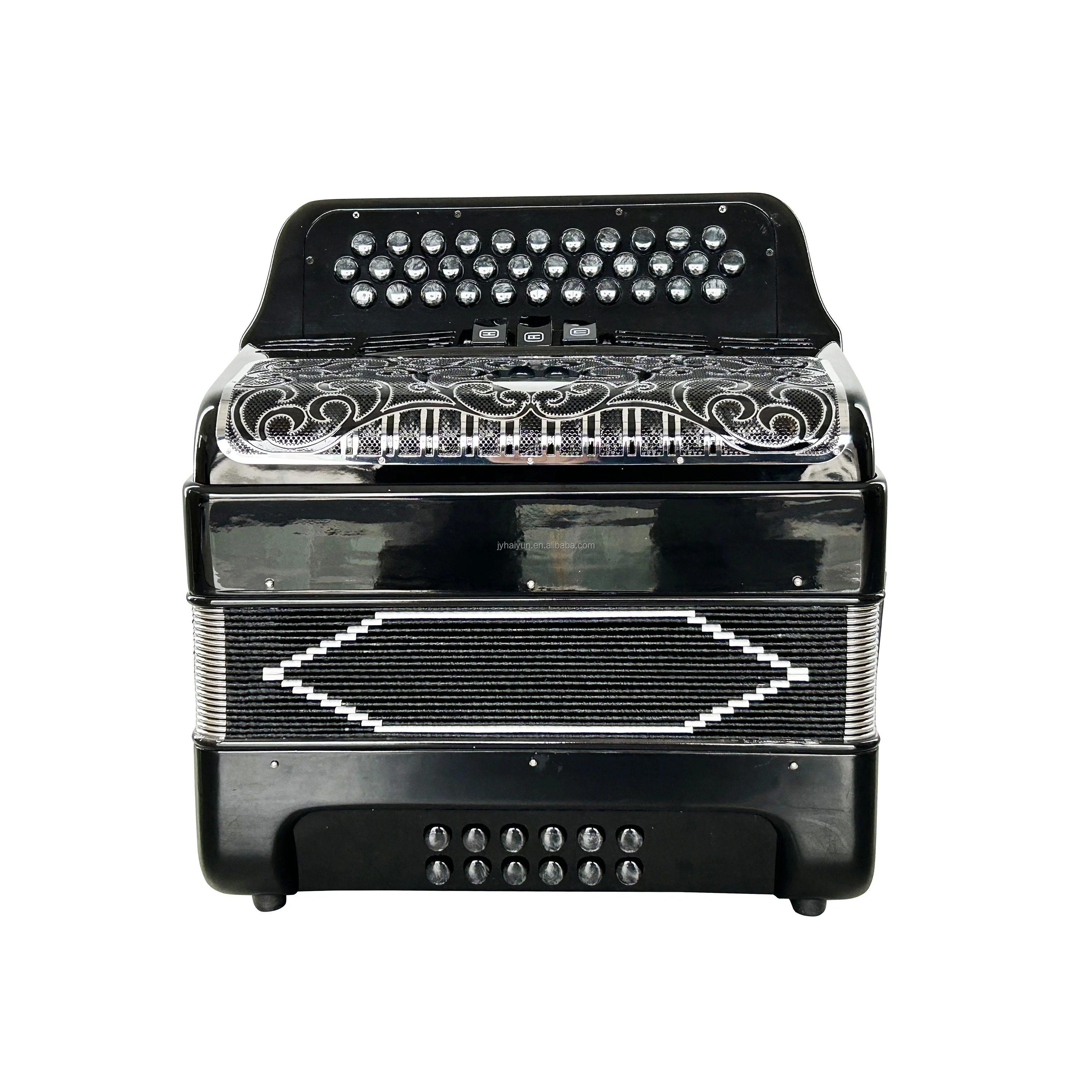 

Diatonic Accordion Instrument 34-Button 12-Bass 3-Registers JB3412C Model Bright Black Silver Grill Buttons Acrodeon