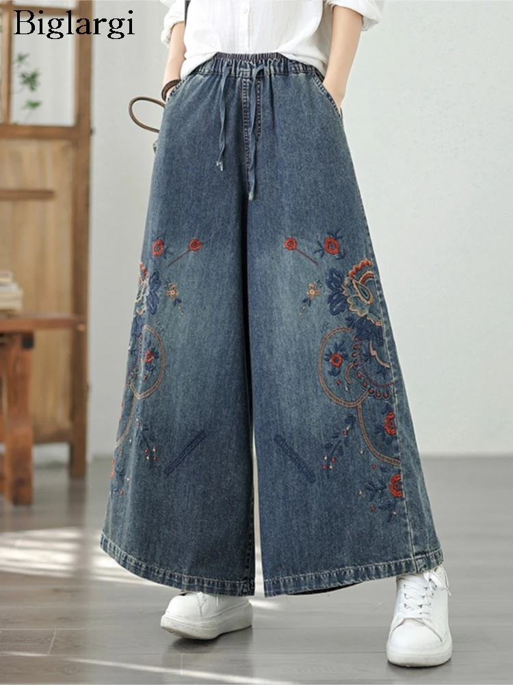 

Джинсы большого размера, эластичные осенние брюки с высокой талией, женские широкие брюки, свободные модные женские брюки с цветочной вышивкой, повседневные женские брюки