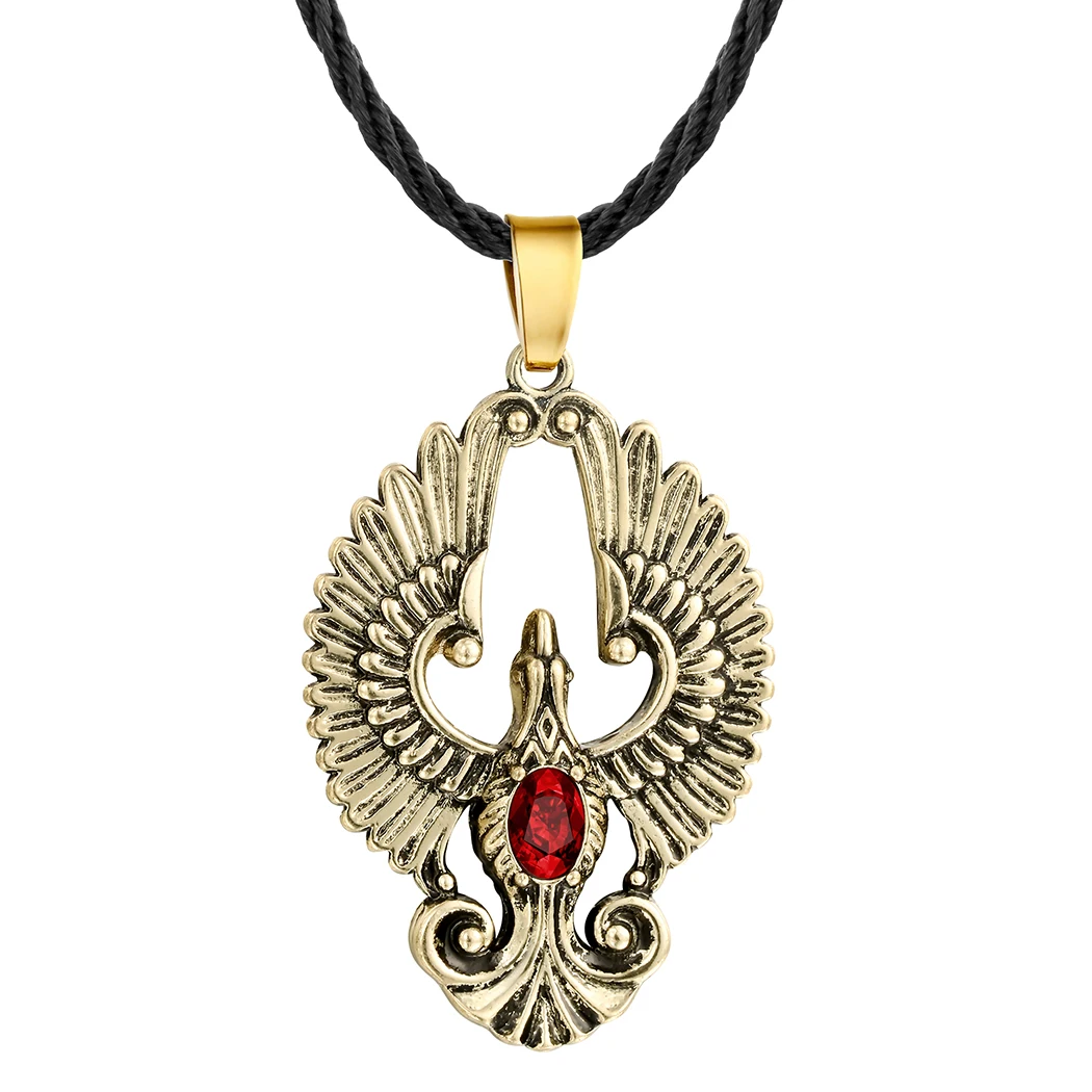 Gothic Red Crystal Phoenix Bird Necklace Protection Pendant Men Retro Punk Black Rope Slavic Crow Amulet Jewelry Friends Gifts