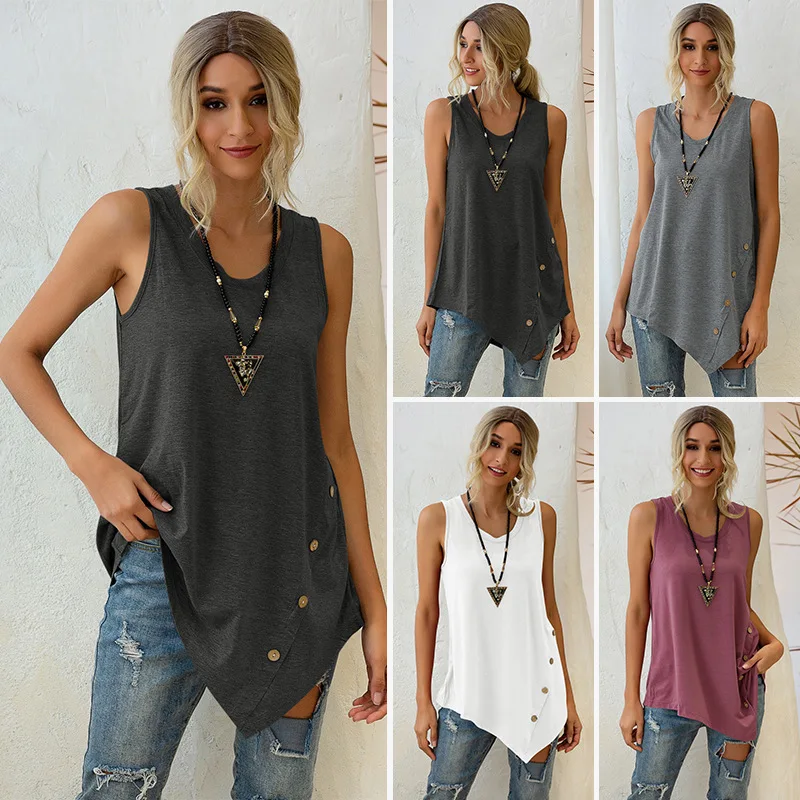 2023 Summer Women Tops Teen Girls 90s Loose Casual V Neck Button Tank Tops Asymmetrical Hems Sleeveless Vest Chaleco