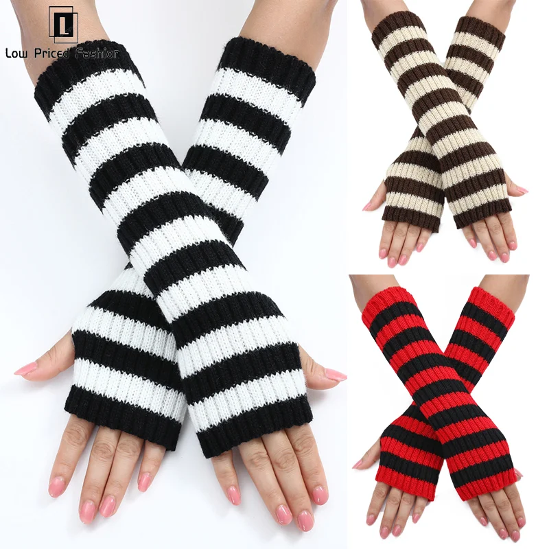 

Women's Knitted Fingerless Arm Sleeves Gothic Style Striped Winter Long Arm Warmers Girls Harajuku Y2k Fashion Wrist Gloves