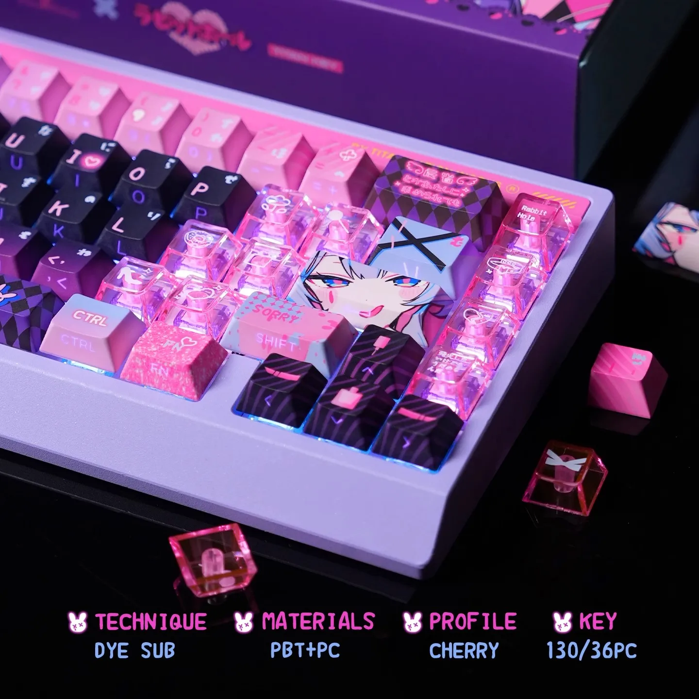 Anime Rabbit Hole Theme Custom Keycaps Set Cute PBT PC Translucent Cherry Profile for Mechanical Keyboard Gaming Gifts view 3