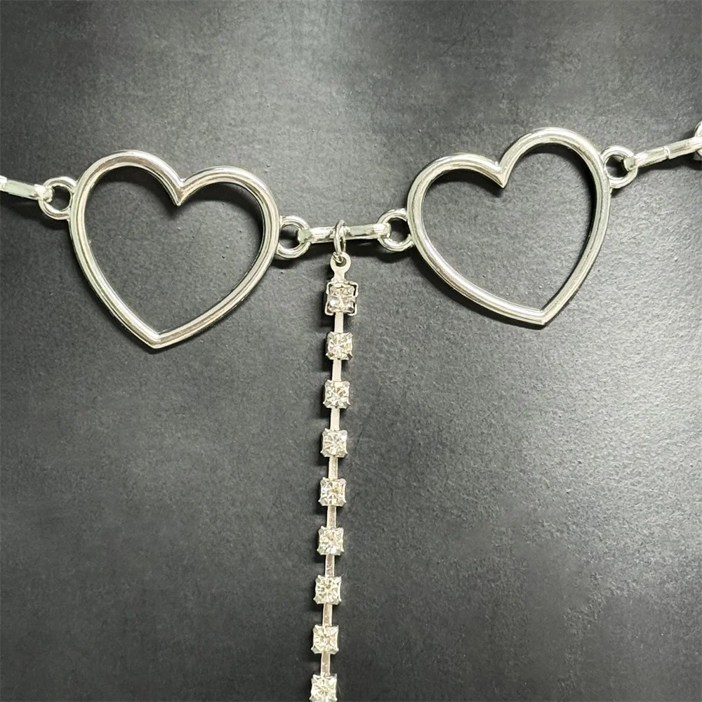 Sexy Women Hollow Heart Waist Chain Silver Rhinestone Tassel Belt Y2K Hip Hop Body Jewelry for Bikini Low Rise Jeans Party Wear view 6