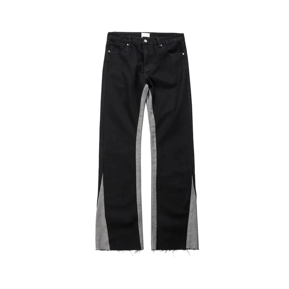 2025 Street Vintage Washed Distressed Loose Wide Leg Pressed Wrinkle Spliced Striped Color Block Flare Black Gray Jeans
