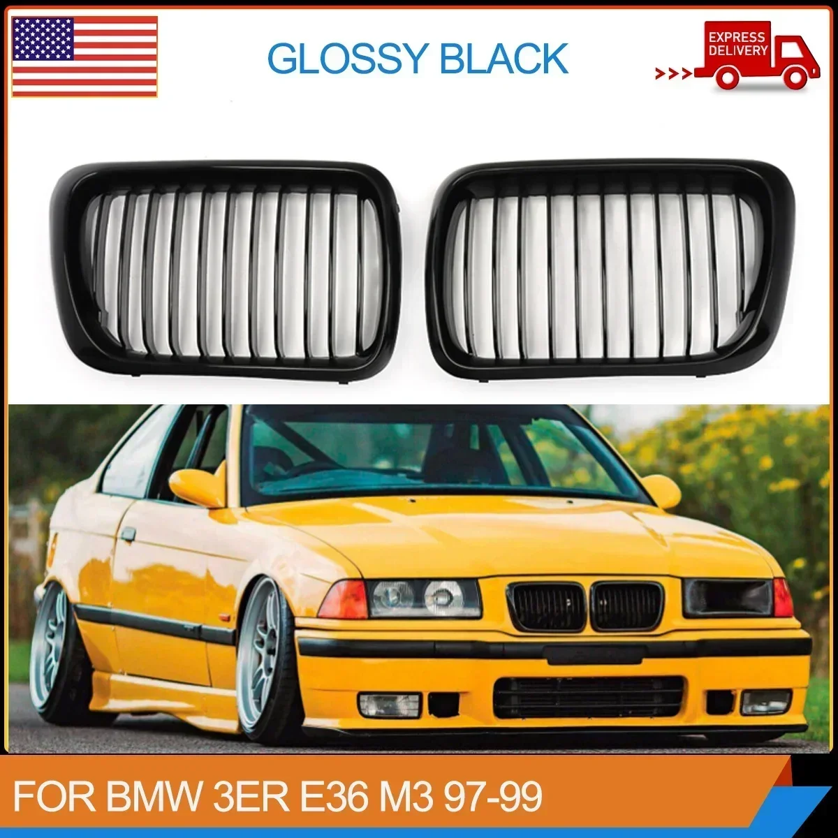 

Front Hood Kidney Grille Grill Gloss Black High Quality ABS Plastic For BMW 3 Series M3 E36 1996 1997 1998 1999