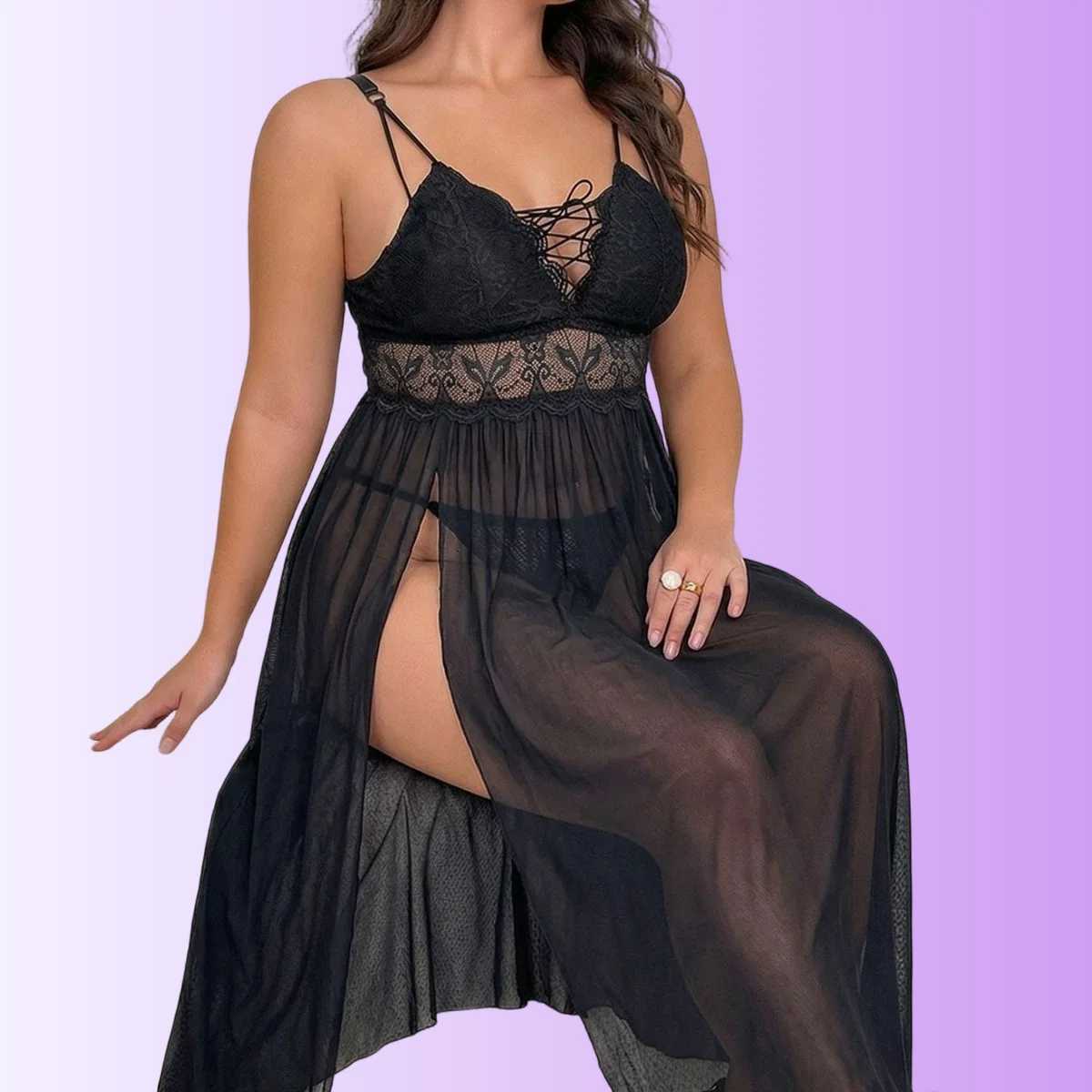 

Черное кружевное прозрачное сетчатое макси-платье-бэбидолл больших размеров с глубоким V-образным вырезом и высоким разрезом на бедре для свиданий и Дня святого Валентина, ночное белье