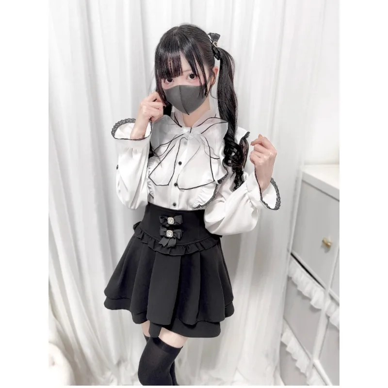 2025 Summer Mesh Big Bow Off-the-shoulder Lace Strap Flying Sleeve Shirt Japanese Mass-produced Mine Series Long Sleeves Blouse