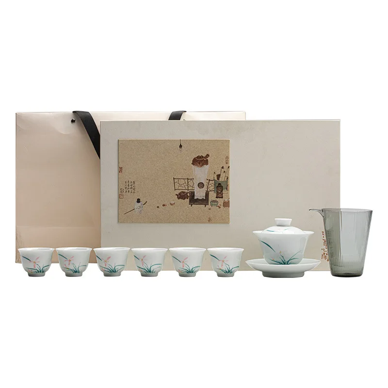 White porcelain hand-painted orchid tea set Sancai cover bowl tea cup set