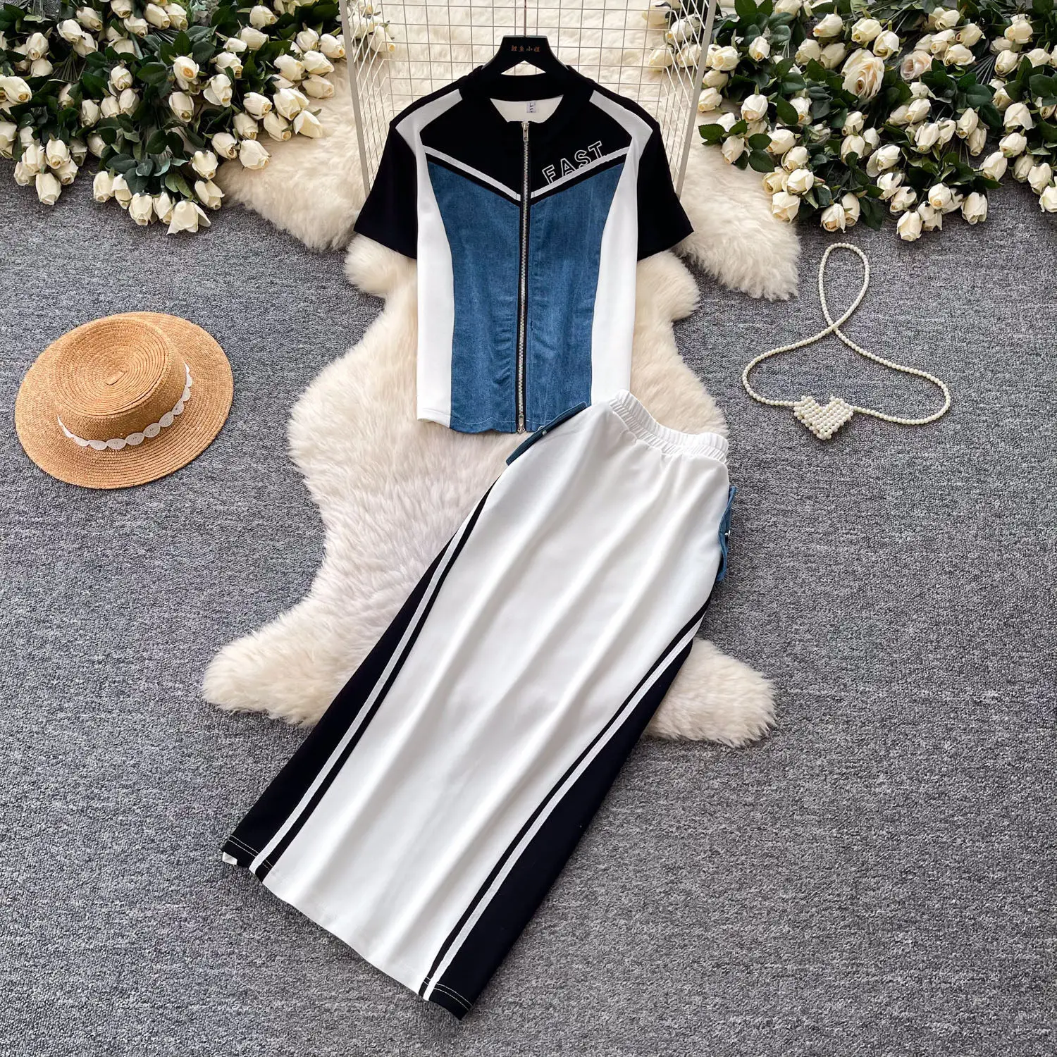

Women Two Piece Sets Skirt Set Short Sleeve Zipper Tops Long Skirts A Line High Waist Y2k Streetwear Elegant Work Spring 2026