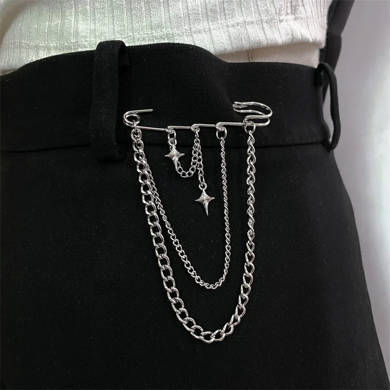 1pc Chain Decoration Tassel Chain Metal Brooch Korean Style Metal Stars Brooch for Women Men Suit Pin Cloth Jewelry Accessories