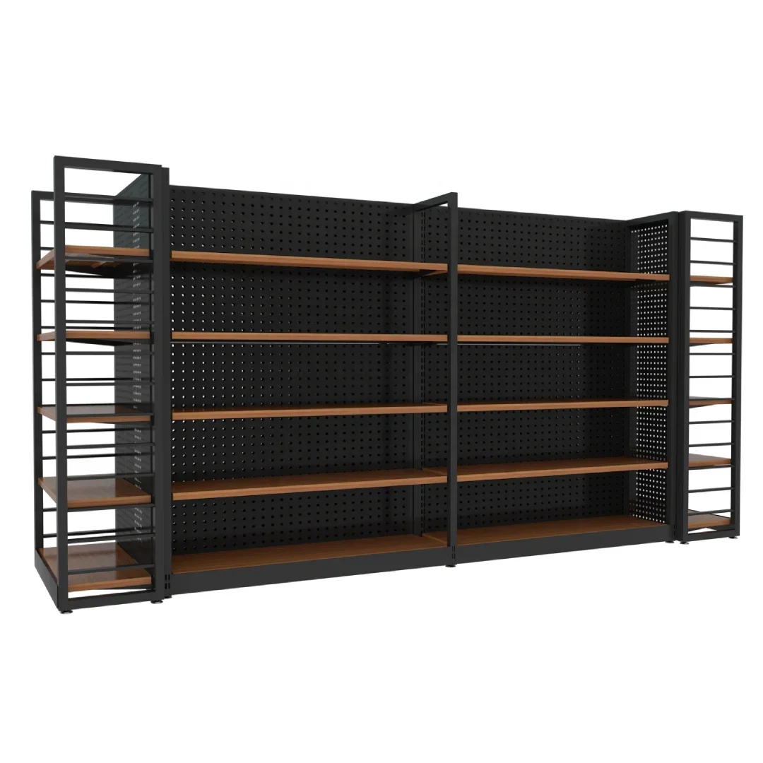 2026 Custom Commercial Supermarket Gondola Iron Wood Display Shelf Store Grocery Product Metal Pegboard Display Rack Stand