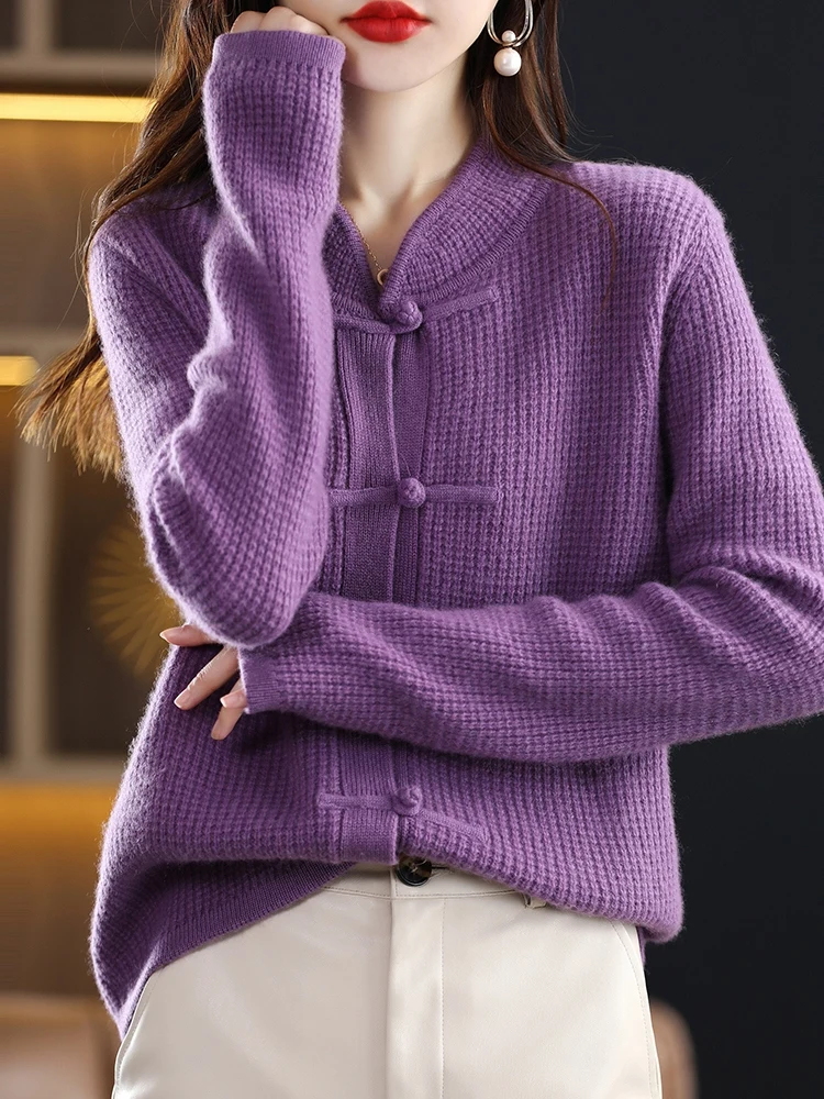 100% Pure Wool Cardigan Casual Knitted Half-high Collar Women China Knot Buckle Sweater Knitted Autumn Winter Cashmere Jacket