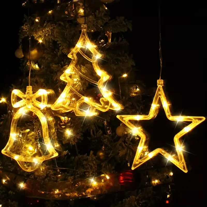 Christmas Window Lights Bell Tree Star Suction Cup Christmas Lights Battery Operated Indoor Warm White Xmas Winter Home Decor