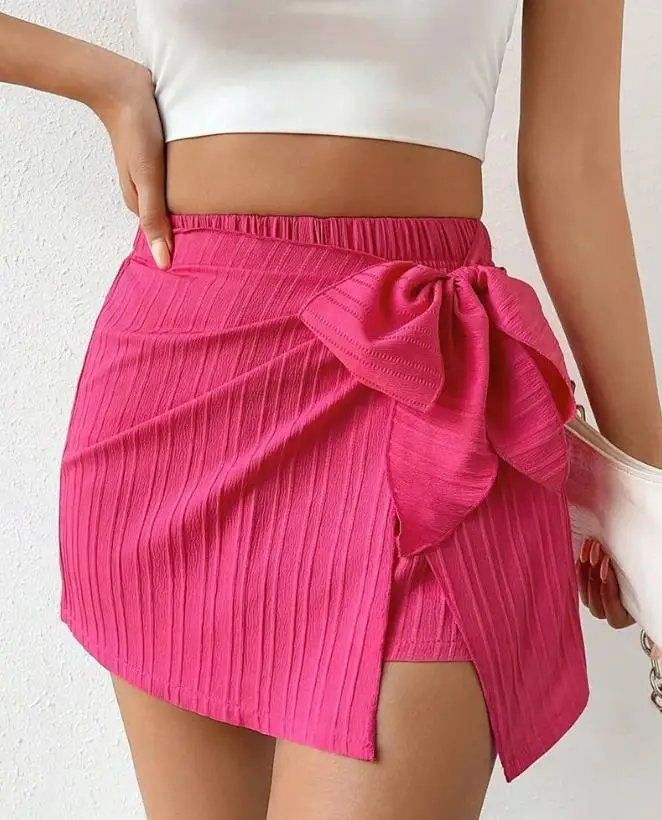 Shorts de cintura alta feminino com decoração bowknot rosa, saias texturizados casuais, estilo fresco e doce, simplicidade, alta qualidade