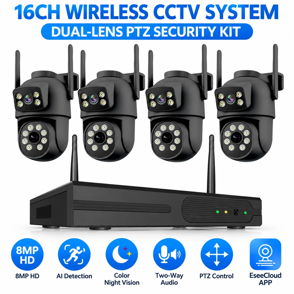 Image of NVR-Kit 16CH mit 8MP 4K Außen-WiFi-CCTV-Kameras, Dual-Lens-Sicherheitsüberwachungssystem mit automatischer Verfolgung