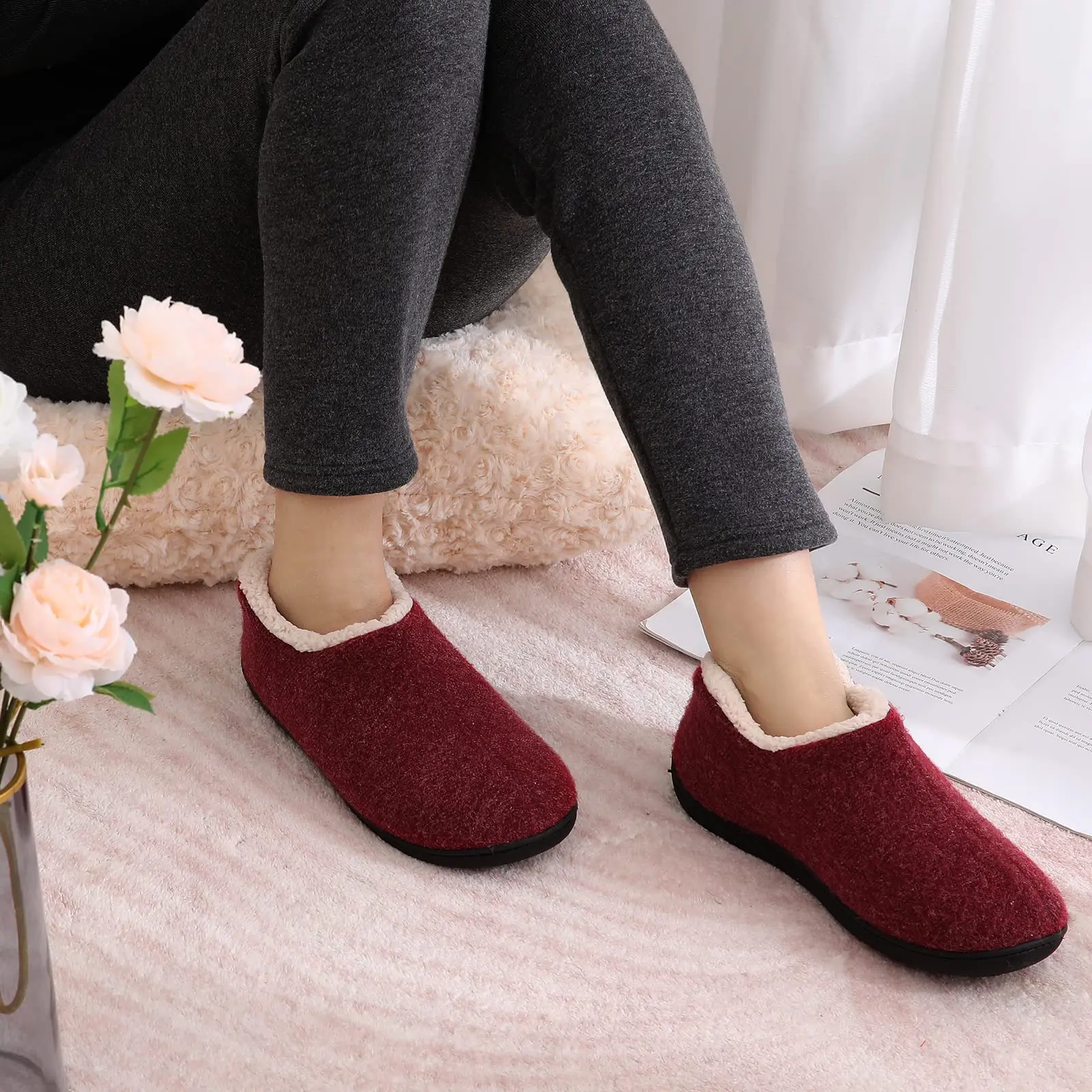 Shevalues Damen Winter Baumwollschuhe Warme Fleece-Gefütterte Indoor-Outdoor Fell-Hausschuhe Rutschfeste Gummisohlen Herren Flauschige Hausschuhe – Detail 2