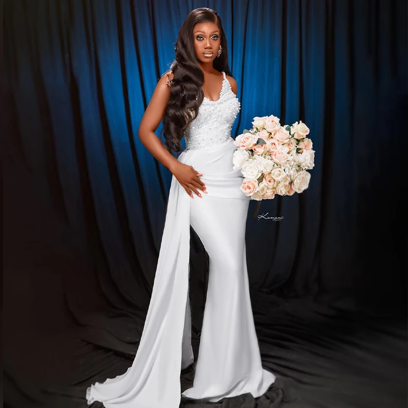 

African White Mermaid Wedding Dresses for Bride Spaghetti Pearls Beading Second Wedding Reception Party Bridal Gowns Customized