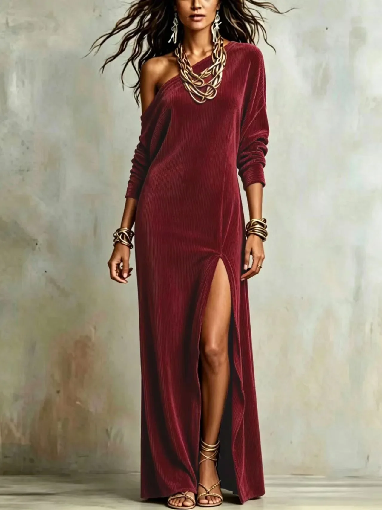 Women Ribbed Knit Maxi Dress Asymmetric One Shoulder Long Sleeve High Slit Long Dress