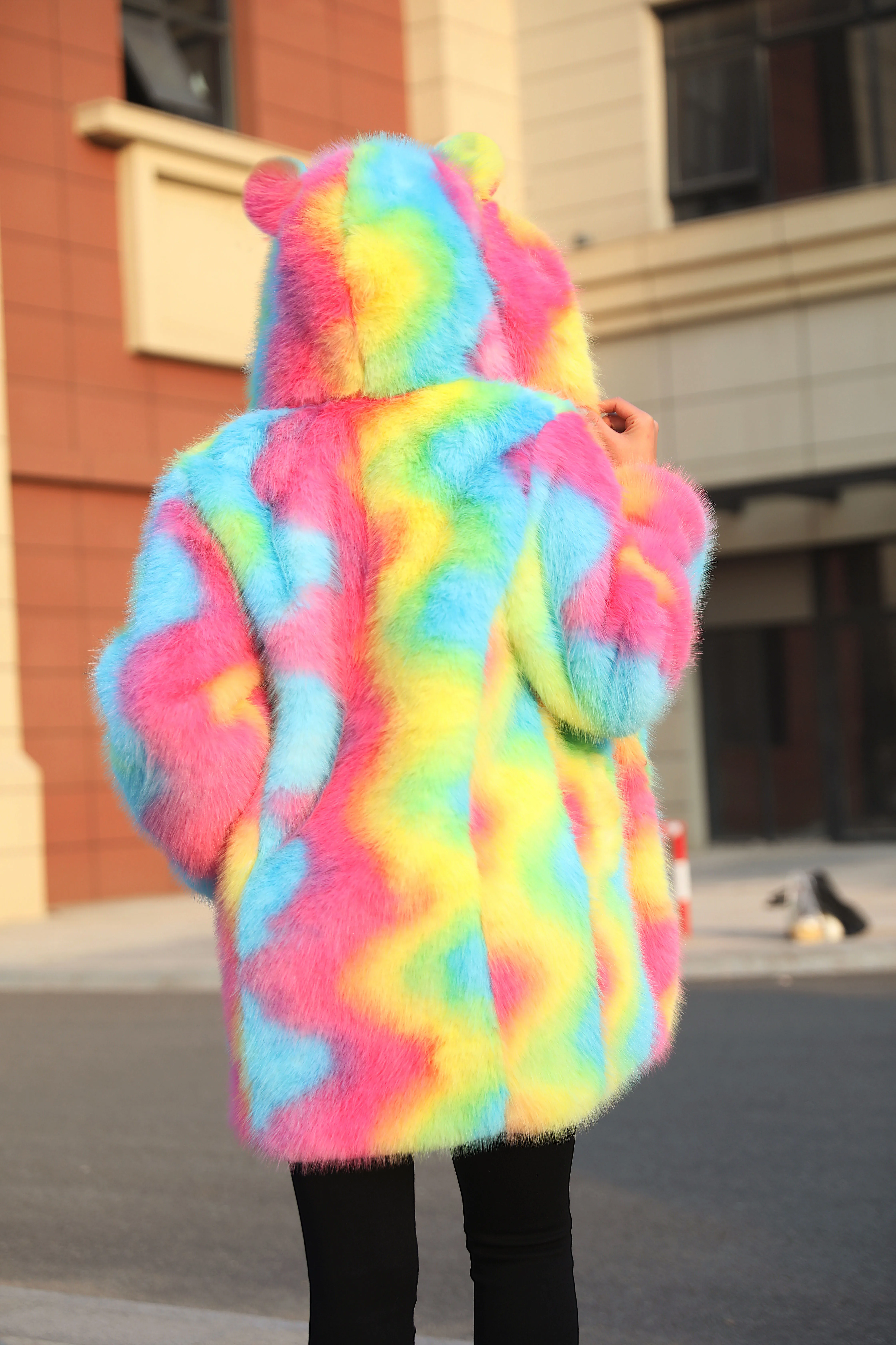 Plus Size Women Colorful Tie Dye Faux Fur Coat, Rainbow Fluffy Furry Notched Lapel Open Front Mid Length Jacket, Winter Warm Par