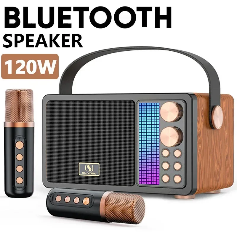 Portable Outdoor Bluetooth Speaker Home Karaoke System with Two Microphones 120W High Power Subwoofer RGB Light Soundbox TF Card