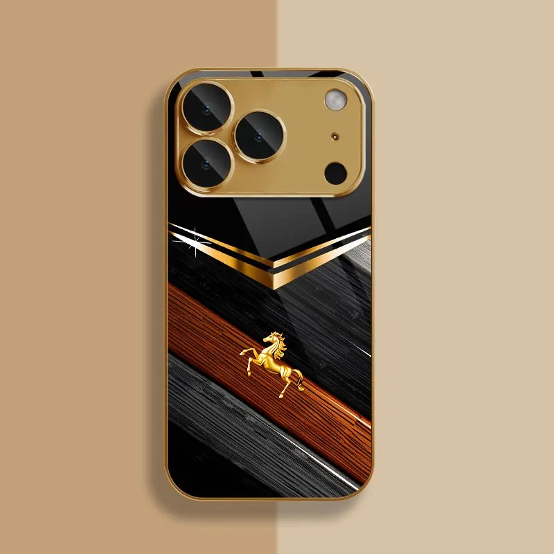Luxury Wood Grain Golden Horse Mirror Phone Case for iPhone18 17 promax /16/15/14/13/12ProMax/11/11Pro Anti-drop protection
