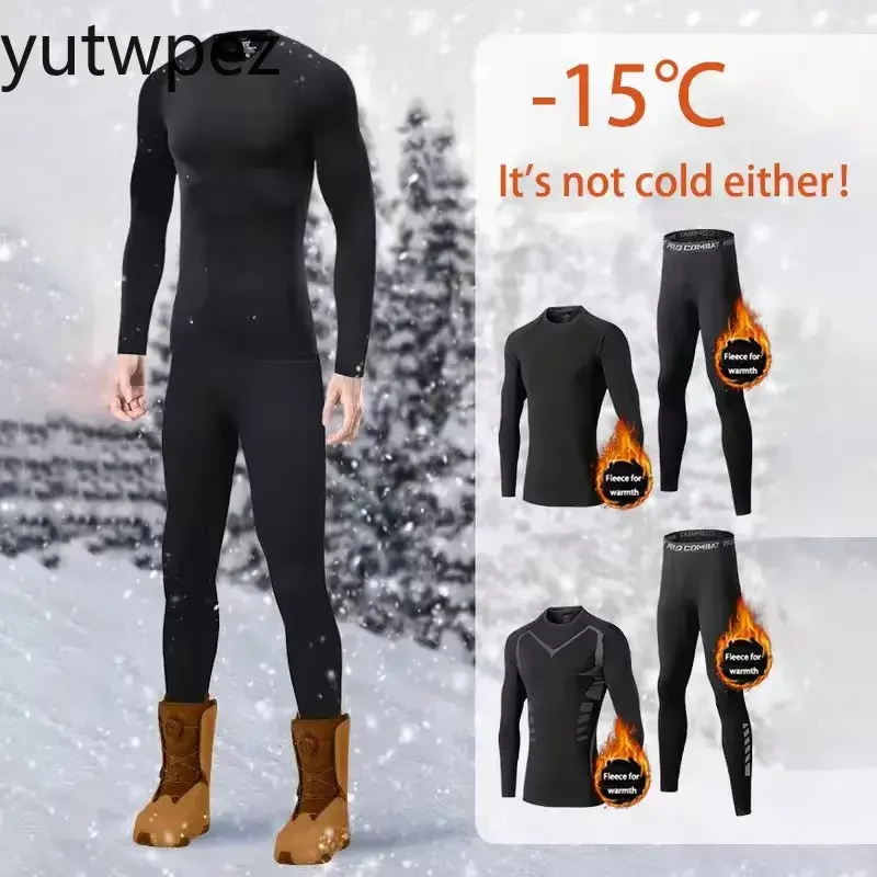 Sports Running Men's Thermal  2-piece Tight-fitting Long Underwear Set, Winter Cold Weather Protective Set Elastic Breathable
