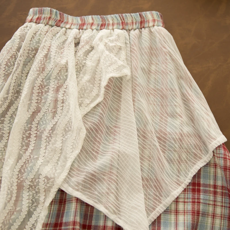 اليابانية خمر موري فتاة منقوشة الدانتيل المرقعة غير المتماثلة التنانير القطنية المرأة الصيف مرونة الخصر عادية فضفاض ألف خط التنانير