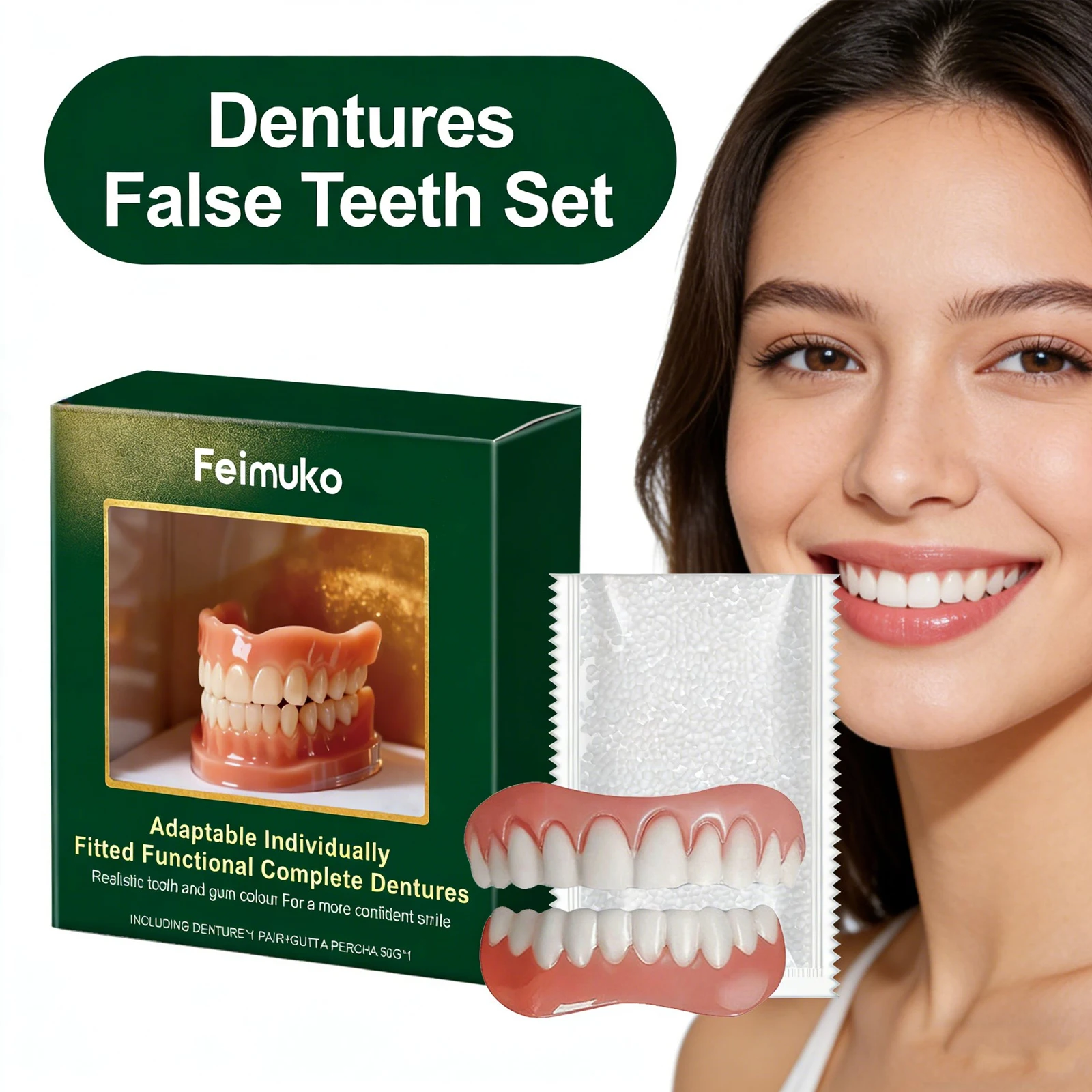 Natural Complete Dentures Temporary Repair Missing Broken Irregular Tooth Space Shrink Down Upper Lower False Teeth Full Set