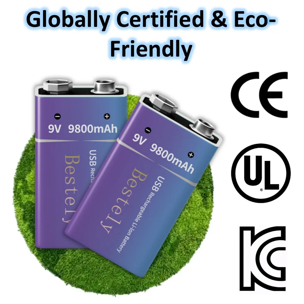 Rechargeable 9V Battery, 9800mAh Large Capacity 9 Volt Li-Ion Batteries Charge with Type-C Cable, for Smoke Detector,Fire Alarm gallery 4