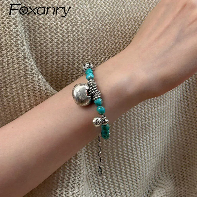 Pulsera Foxanry Lotus Stone Lock para mujer, diseño creativo minimalista vintage, accesorios de joyería para fiesta de cumpleaños, Браслет