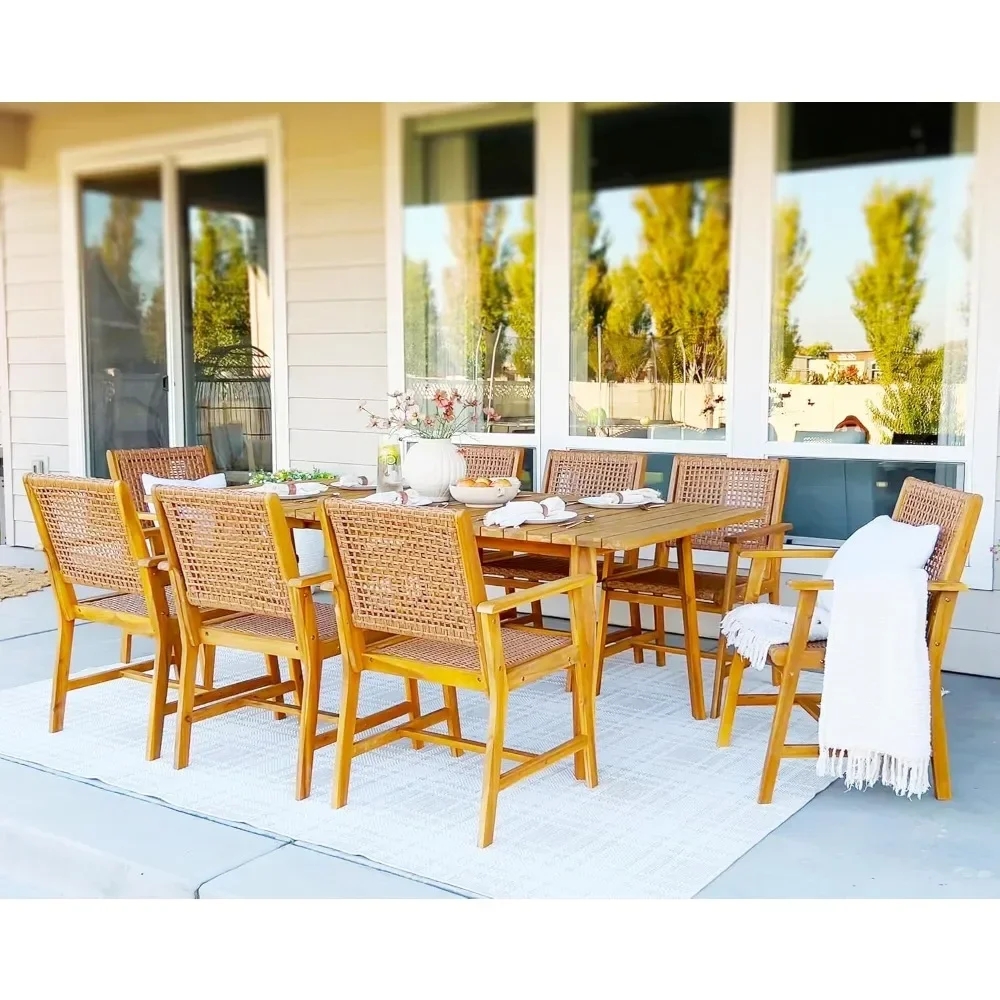 

9 PCS Wood Outdoor Dining Set, Teak Rectangle Wooden Table & Dining Chairs with Wicker Seat and Back,Garden Furniture Sets