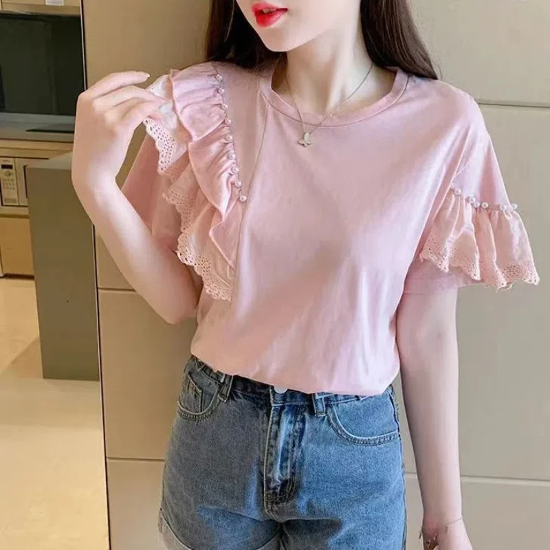 Korean Fashion Summer New Women\'s Solid Color O-Neck Lace Embroidered Flares Ruffles Elegant Loose Short Sleeve T-Shirts Tops