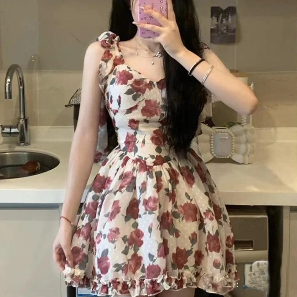 

French Style Rose Floral Dress Women Skirt Ruffle Mini Sleeveless Dress A-line Sweet Sling Strap Sundress Lolita