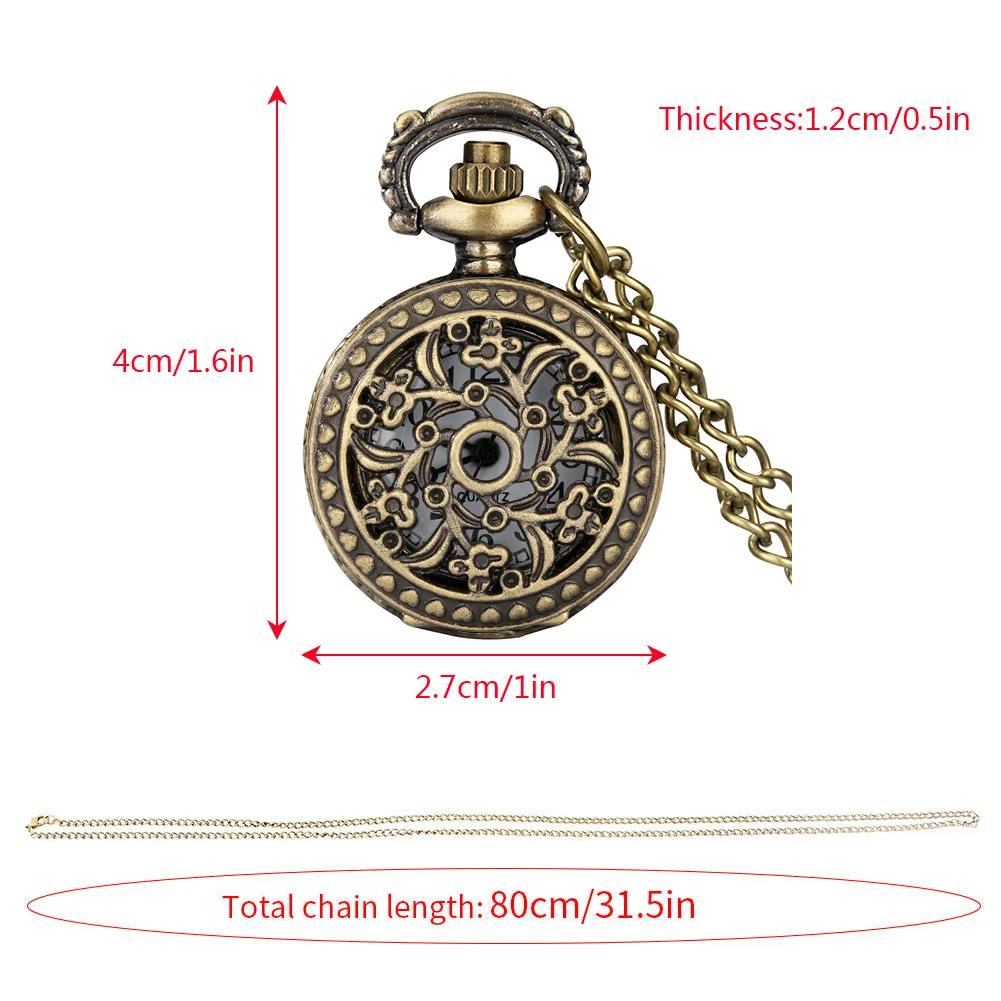 Charmant Leuke Klein Formaat Brons Hollow Bloemen Kunstenaar Patroon Quartz Zakhorloge Met Ketting Ketting Klok Voor Meisjes Dames