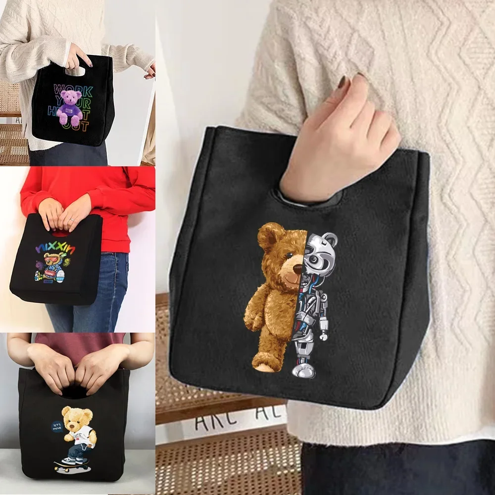 

New Portable Thermal Lunch Bag Travel Canvas Tote Picnic Folding Food Insulated Storage Cooler Bags Bear Print for School Office