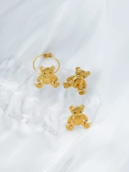 Retro fashion cute retro stainless steel women's teddy bear earring ring, party gift, daily holiday gift, friend jewelry