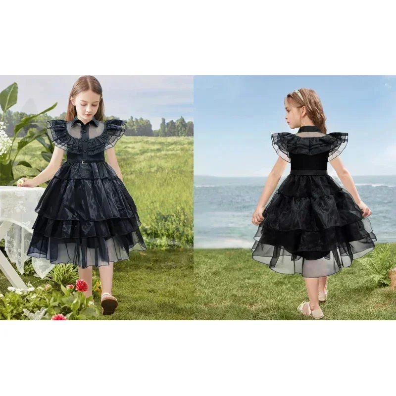 Disfraz de miércoles Addams para niñas, cumpleaños, Halloween, Cosplay, vestido de fiesta con peluca, calcetines, cinturones para niños de 2 a 12 años
