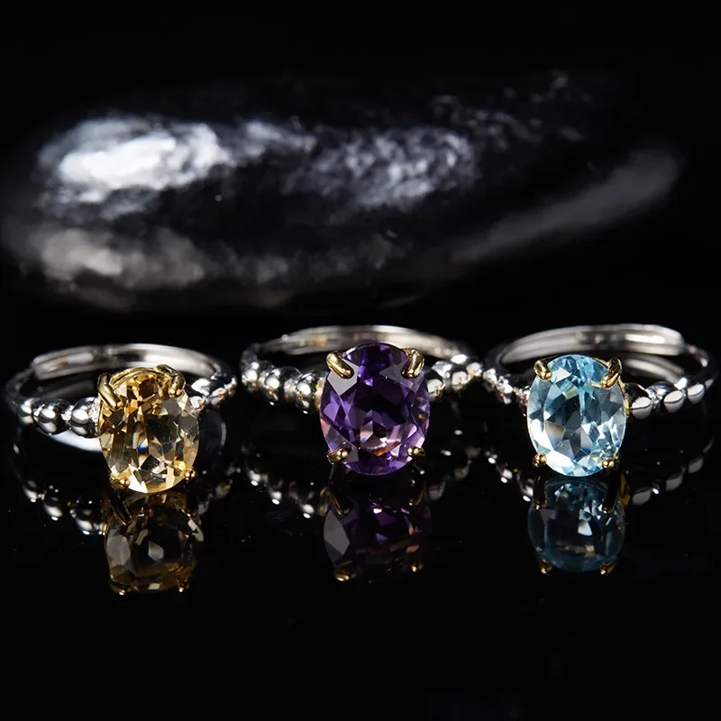 New S925 sterling silver natural citrine amethyst topaz colored treasure ring women's live broadcast popular jewelry