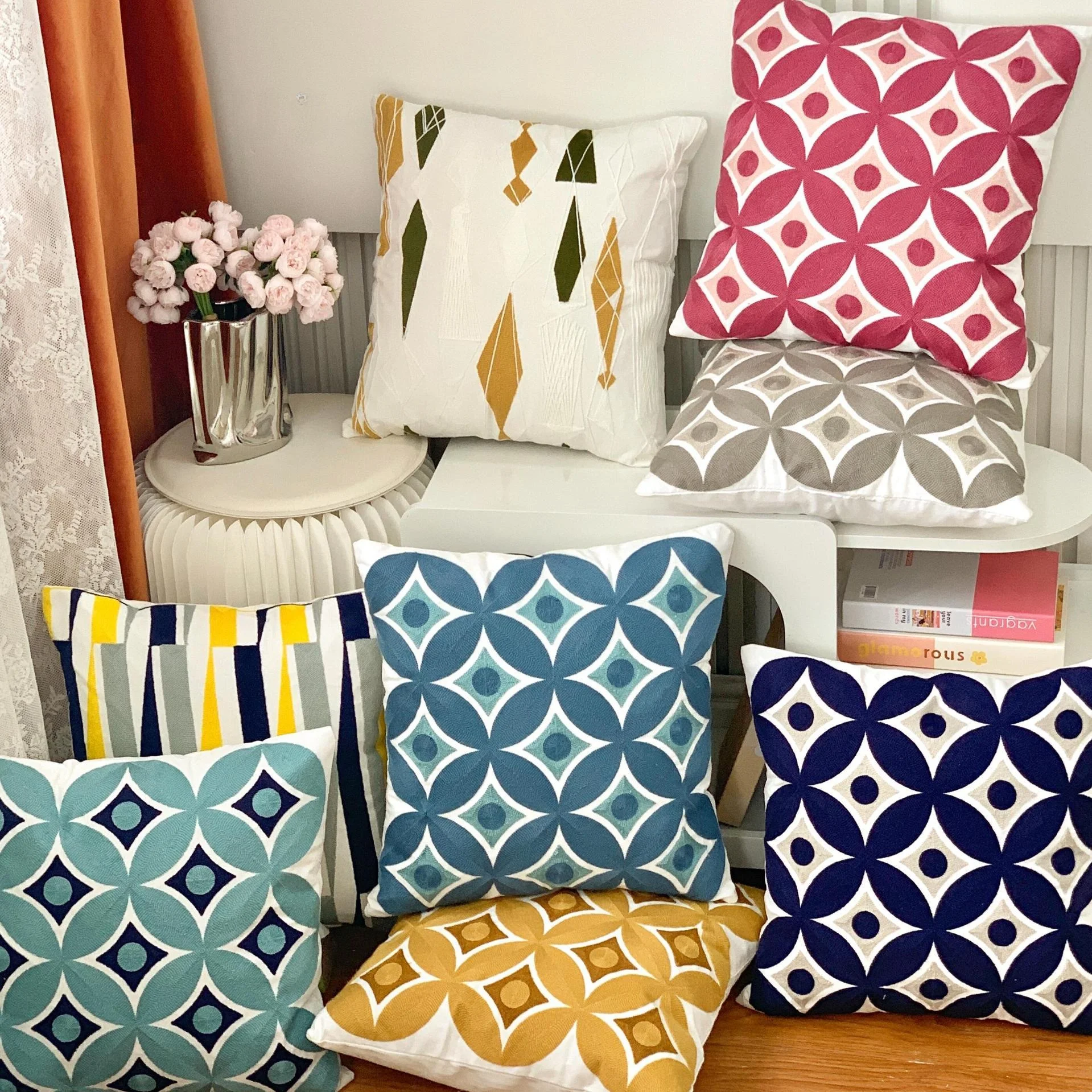 

Modern Simple Geometric Living Room Sofa Luxury Embroidery Cuion Cover Cotton Decorative Woolen Stitch Pillowcase