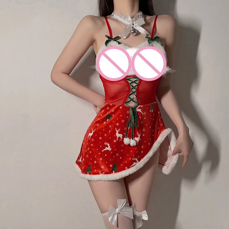 Autumn Winter Velvet Christmas Nightgown Erotic Christmas Bunny Girl Uniform Sexy Hollowed Out Strap Mesh Couple Christmas Gift